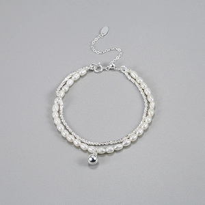 Elegant S925 sterling silver double-layer bracelet with natural freshwater pearls and ball charm