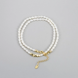 Collier double rang en perles d'eau douce baroques et perles d'argent avec fermoir doré