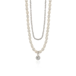Double-layer sterling silver necklace with baroque freshwater pearls and metal ball pendant