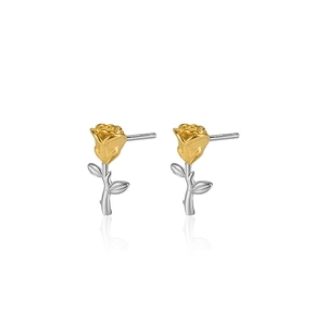 Elegant S925 silver rose stud earrings with gold petals and silver stem on white background
