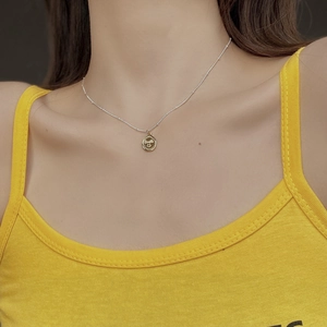 Minimalist S925 silver ball chain necklace with golden smile emoji oval pendant