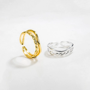 Minimalist S925 sterling silver double-layer woven open ring in gold and silver finish
