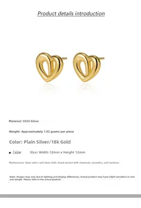 Detail view of heart stud earrings showing 12mm size and 1.92g S925 silver weight