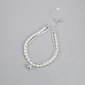 Double-layer S925 sterling silver bracelet with natural freshwater pearls and ball pendant