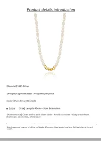 Détails du collier en argent S925 avec perles baroques, poids 1,66g et longueur 40cm+5cm