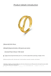 Macro detail of S925 sterling silver ring with 18k gold finish and adjustable open band