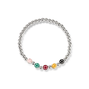 Bracelet perlé en argent 925 avec cinq breloques souriantes en émail coloré