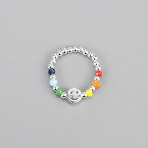 Handmade 925 sterling silver beaded ring with colorful facets and a silver smiley face
