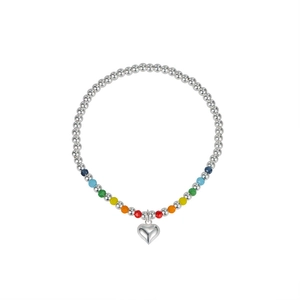 Handmade 925 sterling silver rainbow beaded bracelet with a polished heart pendant