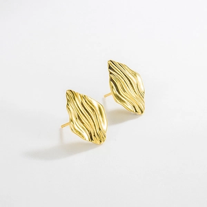 925 Sterling Silver Geometric Leaf Stud Earrings Rhombus Striped 18K Gold Plated Minimalist Wave Pattern Jewelry For Women