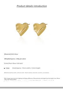 Detail specifications for S925 silver heart stud earrings with liquid metal design