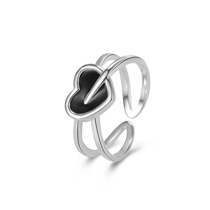 Adjustable S925 silver double-layered open ring with black enamel heart-shaped design