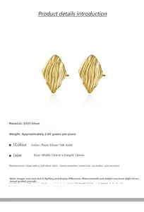 Detail of S925 sterling silver geometric leaf earrings with wavy texture and dimensions