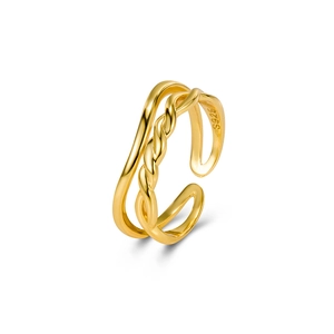 Double layered gold S925 sterling silver open ring with twisted and smooth texture band