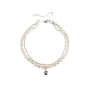 S925 sterling silver double-layer bracelet with natural freshwater pearls and metal bead
