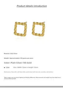 Detail showing S925 sterling silver square twist earrings with 12mm size and weight specs