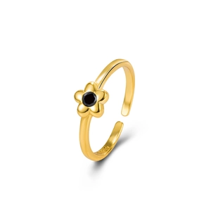 Minimalist S925 sterling silver flower ring with black zircon and gold plating