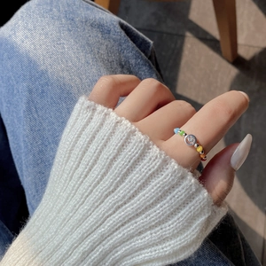 Colorful beaded smiley face silver ring for women in dopamine fashion style