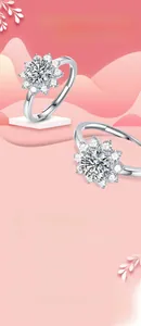 Detail showing sunflower shaped moissanite ring with adjustable 925 silver band