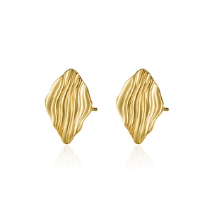 Luxe S925 sterling silver rhombus leaf stud earrings with golden wavy textured pattern
