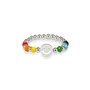 925 silver beaded stretch ring with colorful faceted beads and hollow smiley face charm