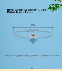 Detailed view of S925 silver moissanite bracelet with 8.4mm halo pendant and measurements
