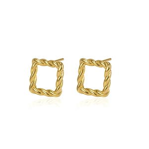 S925 sterling silver square stud earrings with golden rope twist texture and polished finish