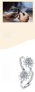 Detailed view of polished 925 silver ring featuring two elegant Moissanite flower clusters