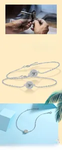 Macro detail of S925 sterling silver moissanite bracelet with halo setting and polished finish