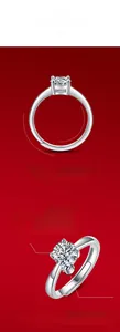 Detail of four-prong Moissanite ring setting in polished silver with adjustable band