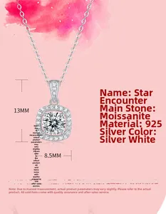S925 silver moissanite necklace pendant showing dimensions 13mm by 8.5mm in a square halo