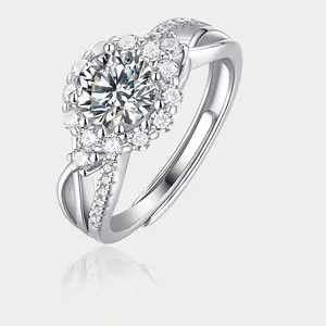 925 Sterling Silver Moissanite Ring For Women Personalized Adjustable Open Finger Ring Classic Halo Solitaire Jewelry