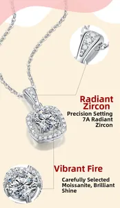 Macro view of brilliant moissanite stone and 7A zircon micro-inlay details on silver necklace
