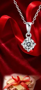 Detailed close-up of a 925 sterling silver solitaire moissanite pendant with 4-prong setting