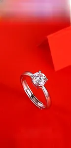 Macro view of S925 sterling silver ring showing four-prong setting and round gemstone