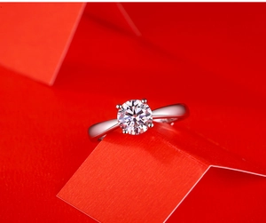 Macro view of a classic four-prong solitaire silver ring with a round brilliant cut stone