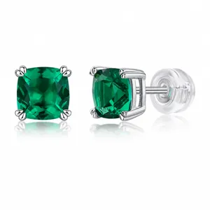 Lussuosi Orecchini a Bottone in Argento Sterling 925 con Smeraldo Creato in Laboratorio Taglio Princess Quadrati per Donna