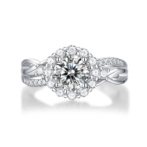 925 sterling silver moissanite ring with twisted band and halo pavé setting