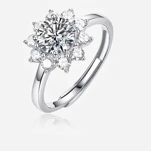 Luxury S925 Sterling Silver Moissanite Sunflower Ring For Women Adjustable Sparkling Flower Engagement Wedding Jewelry