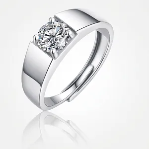 925 Sterling Silver Moissanite Ring For Men Round Brilliant Cut Adjustable Open Finger Ring Fashion Jewelry With GRA Certificate