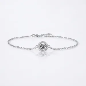 S925 sterling silver moissanite bracelet with round halo pendant and lobster clasp