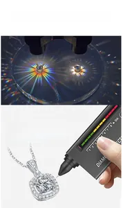 Detail of D color Moissanite pendant showing fire test and diamond selector compatibility