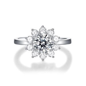 Sparkling Moissanite sunflower ring in 925 silver with brilliant round cut stones