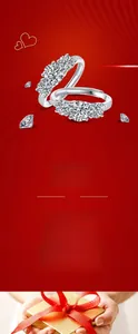 Macro detail of silver ring with three round stones and side pave diamonds on red background