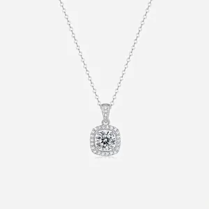 Luxury 925 Sterling Silver 1ct Moissanite Necklace Square Halo Pendant Sparkling Clavicle Chain Jewelry For Women Gift