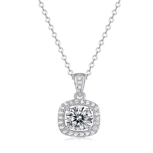 S925 sterling silver square halo pendant necklace with moissanite on a fine chain