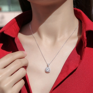 Elegant S925 sterling silver square halo moissanite pendant necklace on a model