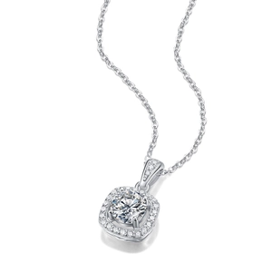Classic S925 sterling silver square halo pendant necklace with moissanite center stone