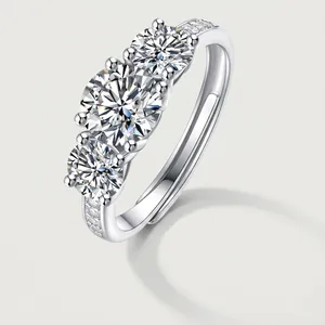 925 Sterling Silver Moissanite Ring For Women Three Stone Design D Color VVS1 Adjustable Open Jewelry Gift With GRA Certificate