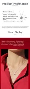 Detail view of 1ct Moissanite pendant in S925 silver showing size specs and model wearing